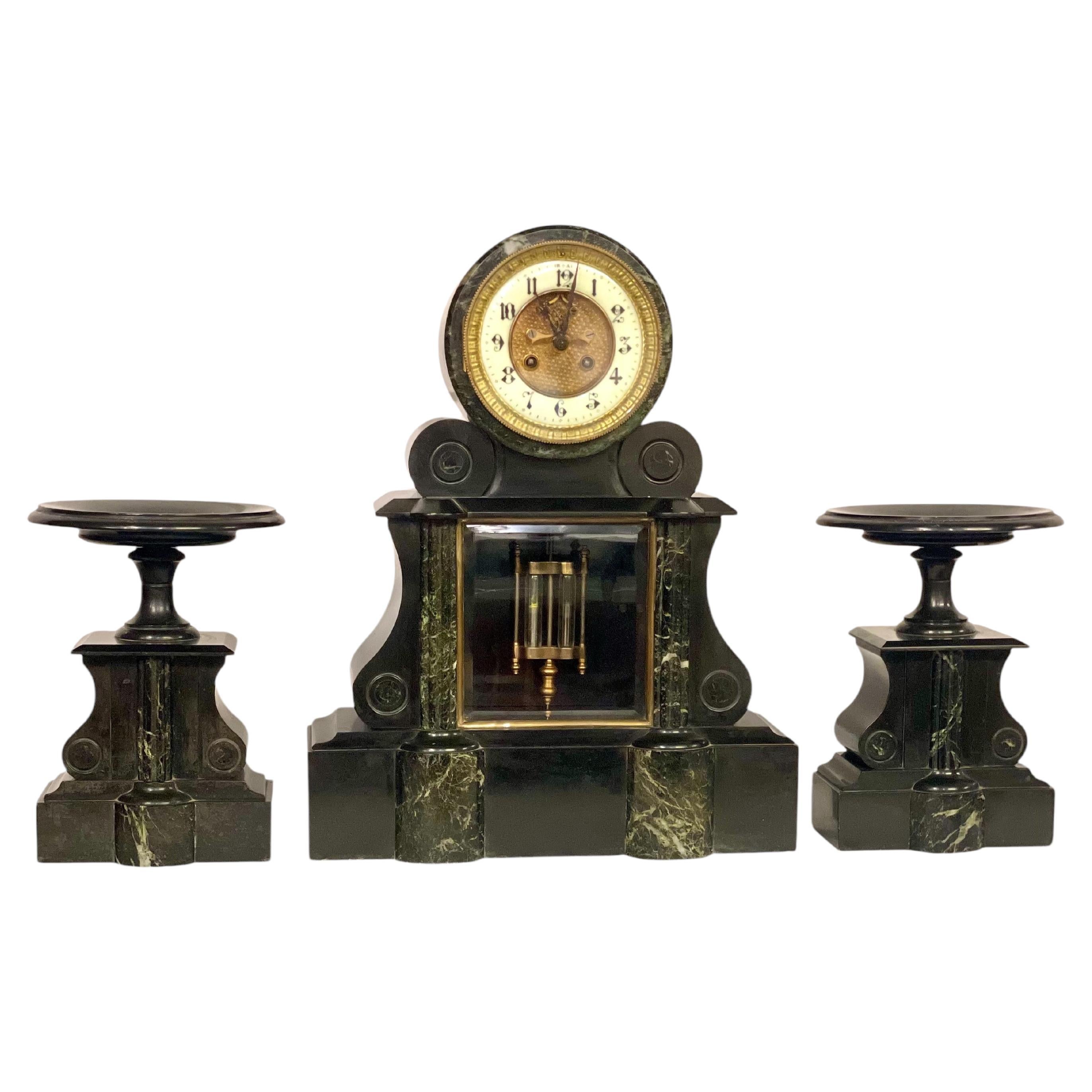 Large French 19th Century Black and Green Marble Clock Garniture
