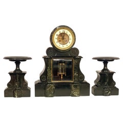 Large French 19th Century Black and Green Marble Clock Garniture