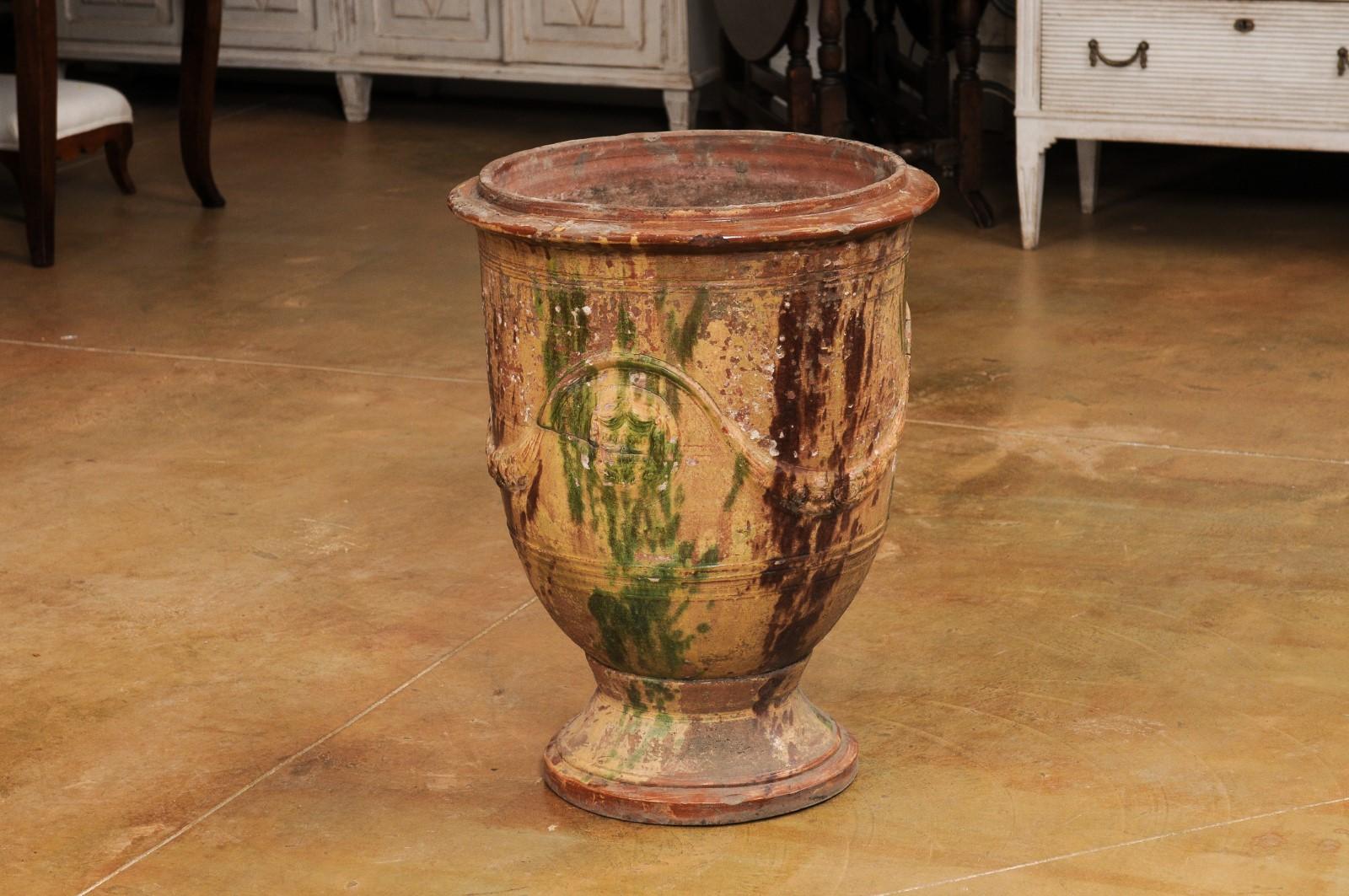 Large French 19th Century Boisset Anduze Jar with Brown, Green Glaze and Swags For Sale 4
