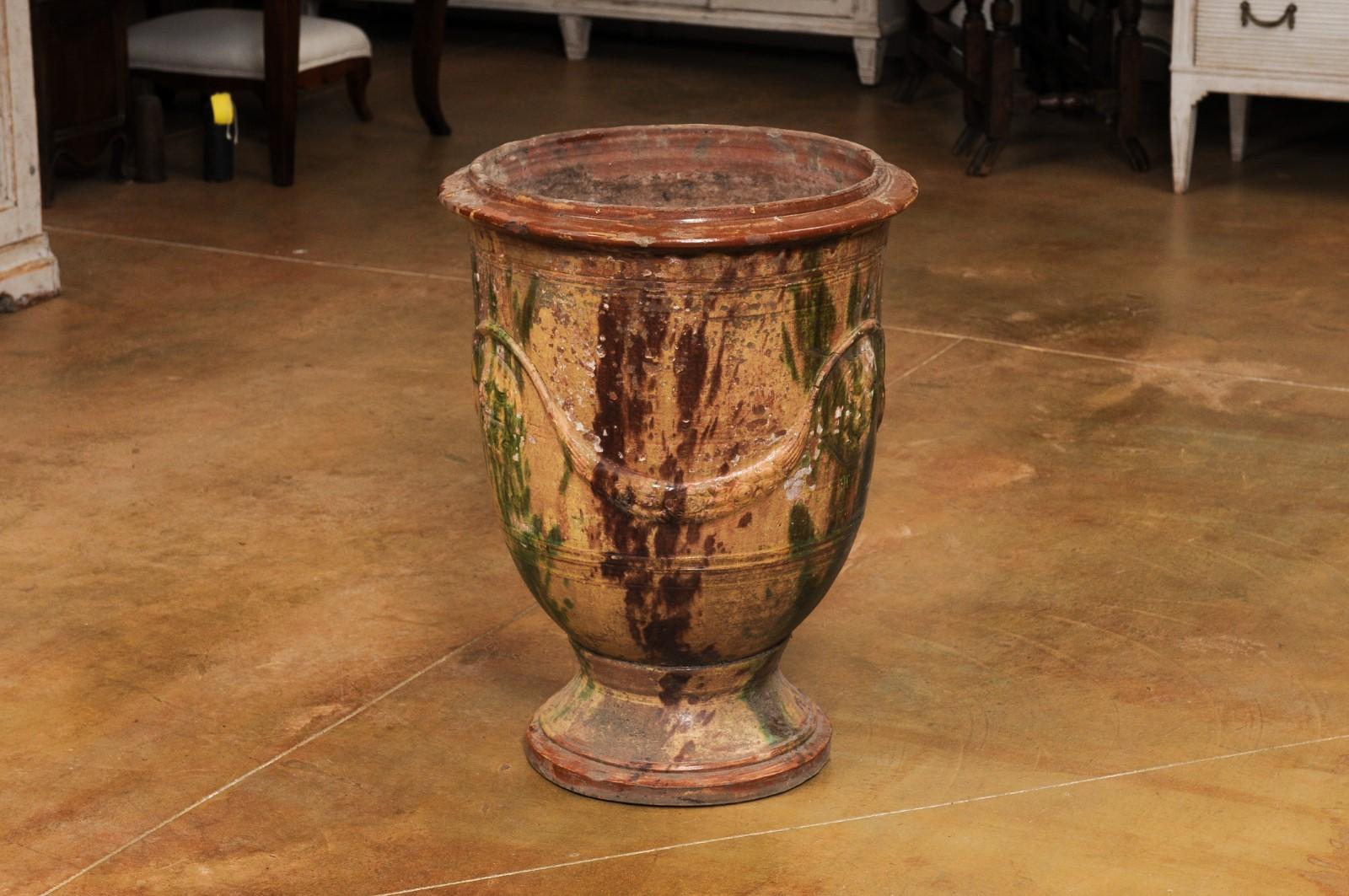 French Provincial Large French 19th Century Boisset Anduze Jar with Brown, Green Glaze and Swags For Sale