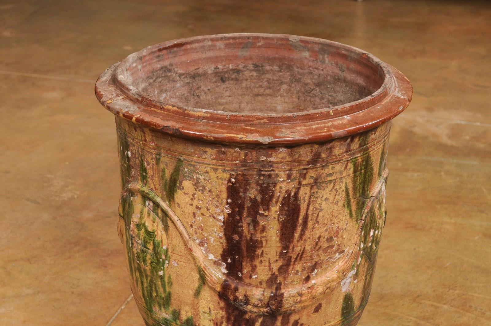 Glazed Large French 19th Century Boisset Anduze Jar with Brown, Green Glaze and Swags For Sale