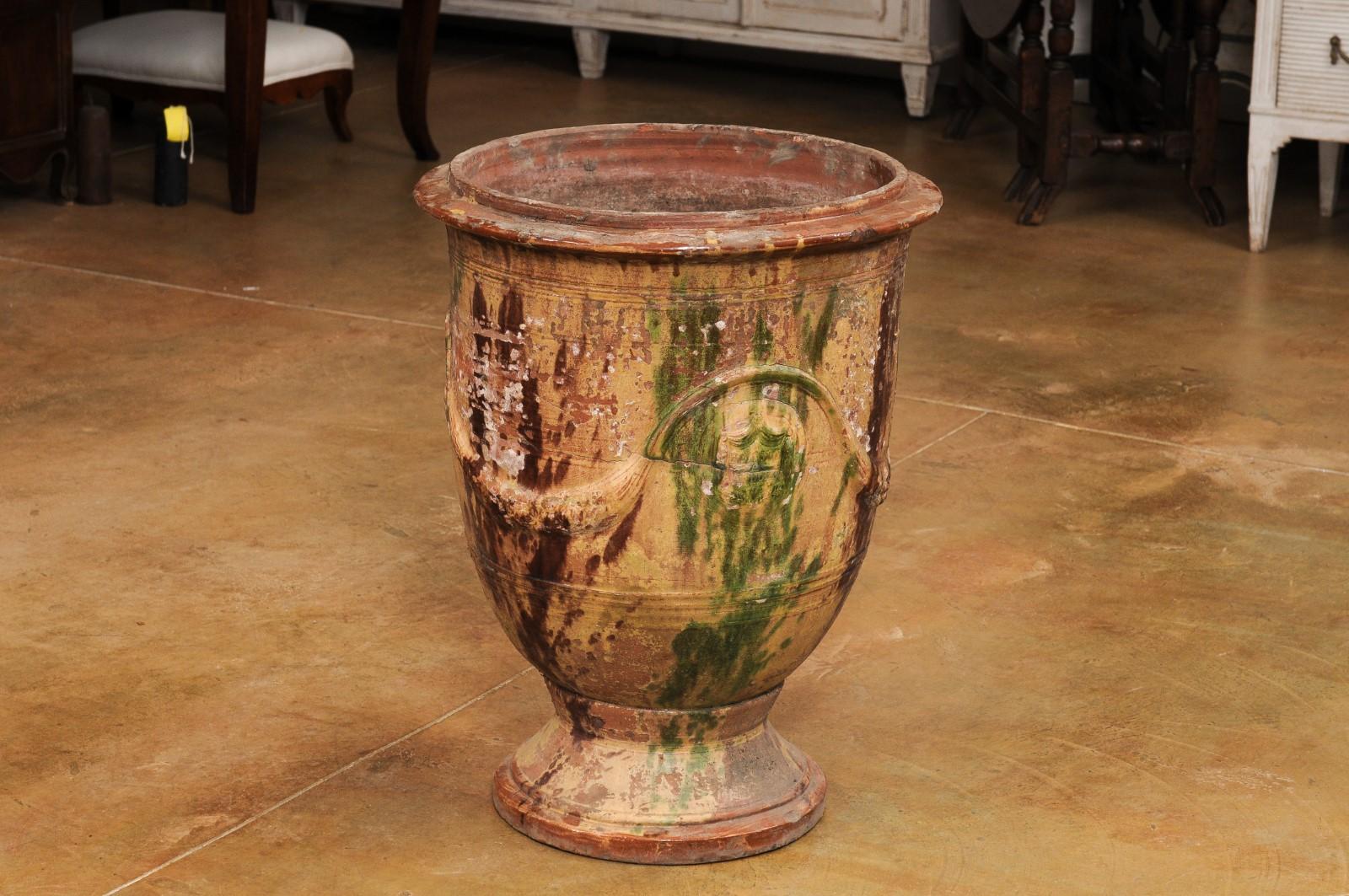Pottery Large French 19th Century Boisset Anduze Jar with Brown, Green Glaze and Swags For Sale