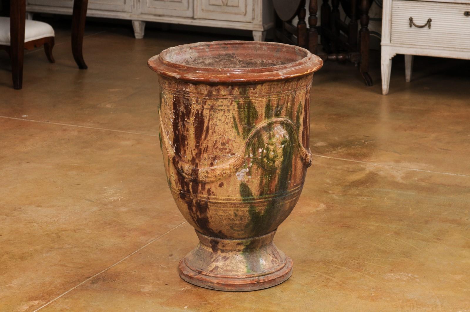 Large French 19th Century Boisset Anduze Jar with Brown, Green Glaze and Swags For Sale 2