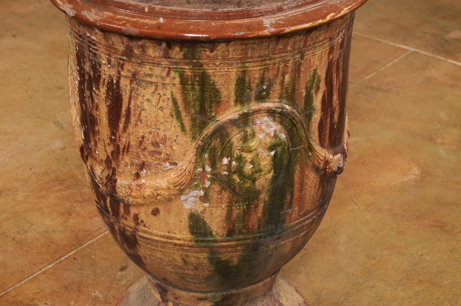 Large French 19th Century Boisset Anduze Jar with Brown, Green Glaze and Swags For Sale 3