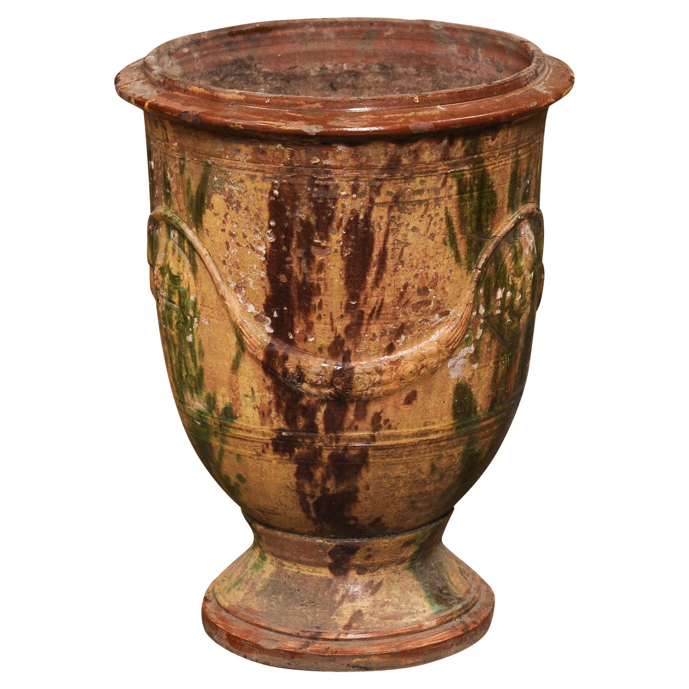 Large French 19th Century Boisset Anduze Jar with Brown, Green Glaze and Swags For Sale