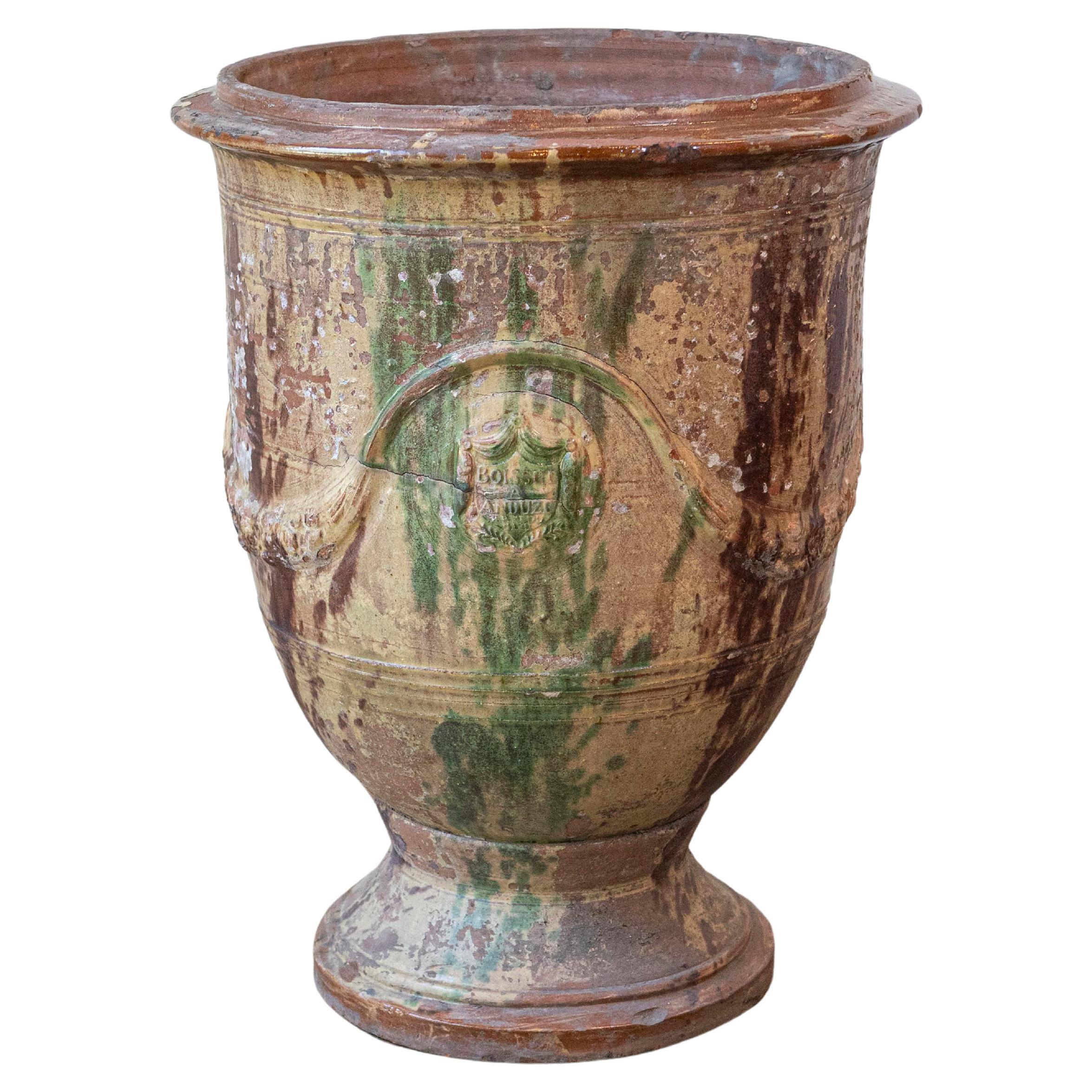 Großes französisches JAR aus dem 19. Jahrhundert von Boisset Anduze mit brauner und grüner Glasur und Tressen