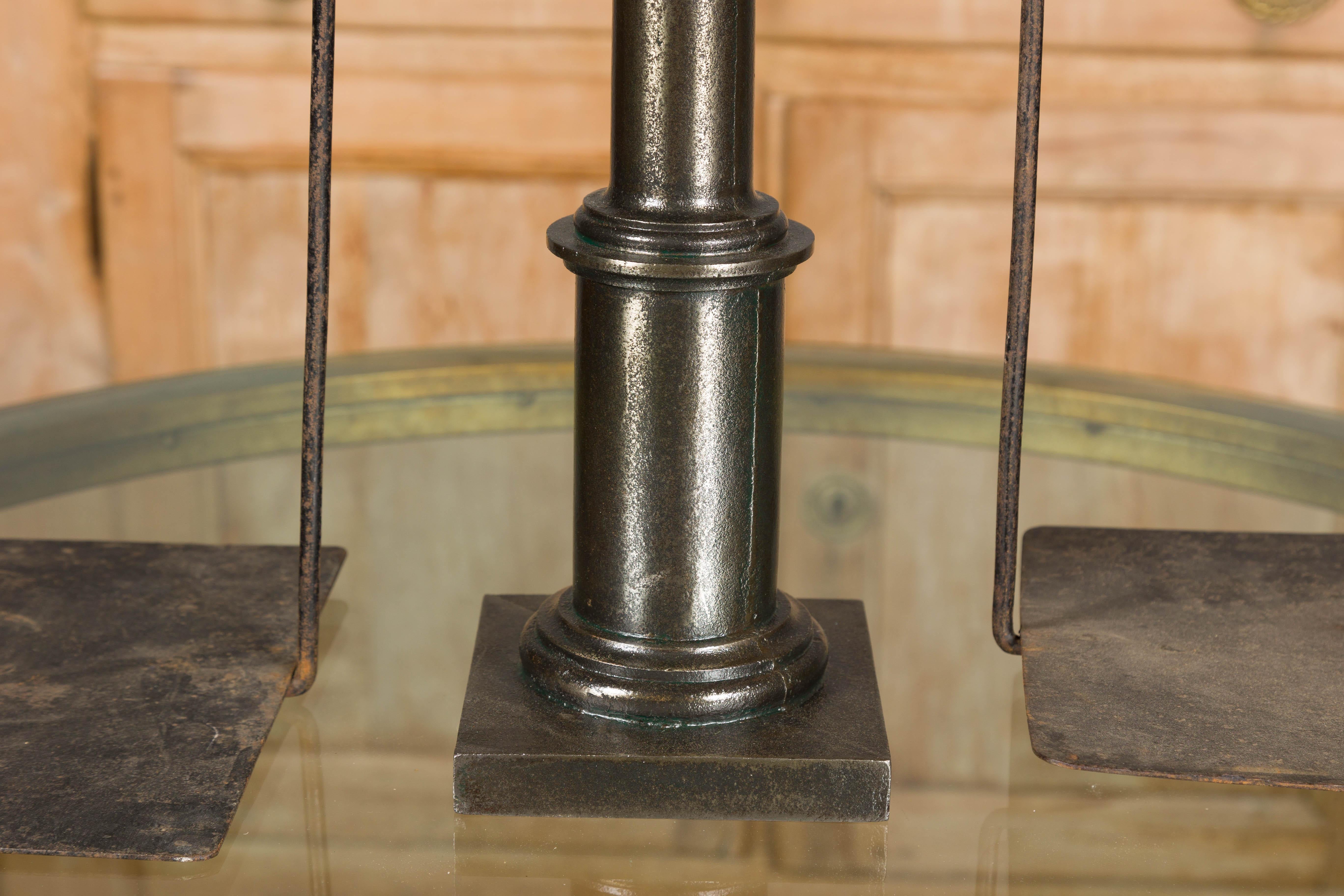 Large French 19th Century Brass and Steel Scale with Weighing Pans and Column For Sale 9