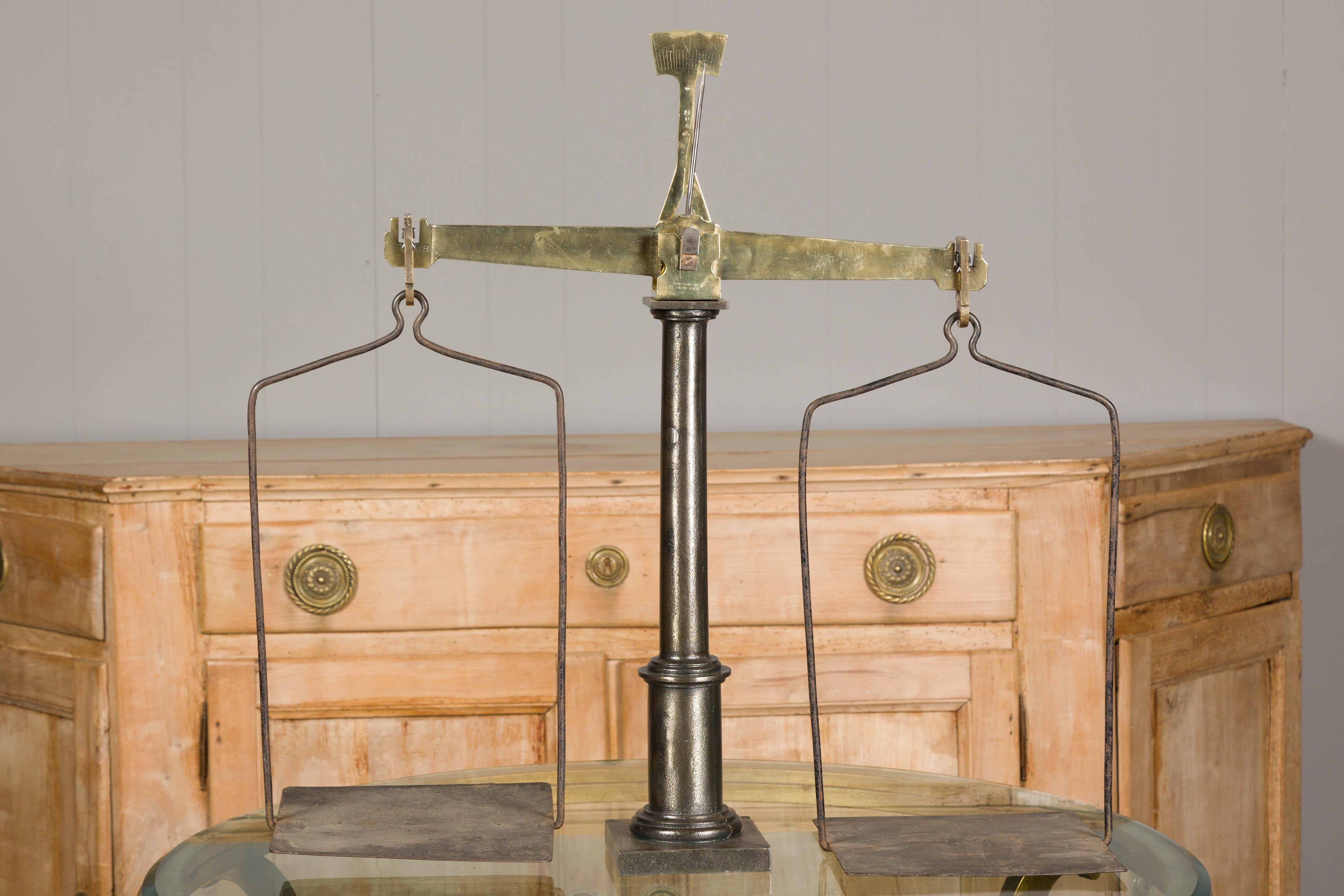 Large French 19th Century Brass and Steel Scale with Weighing Pans and Column For Sale 12