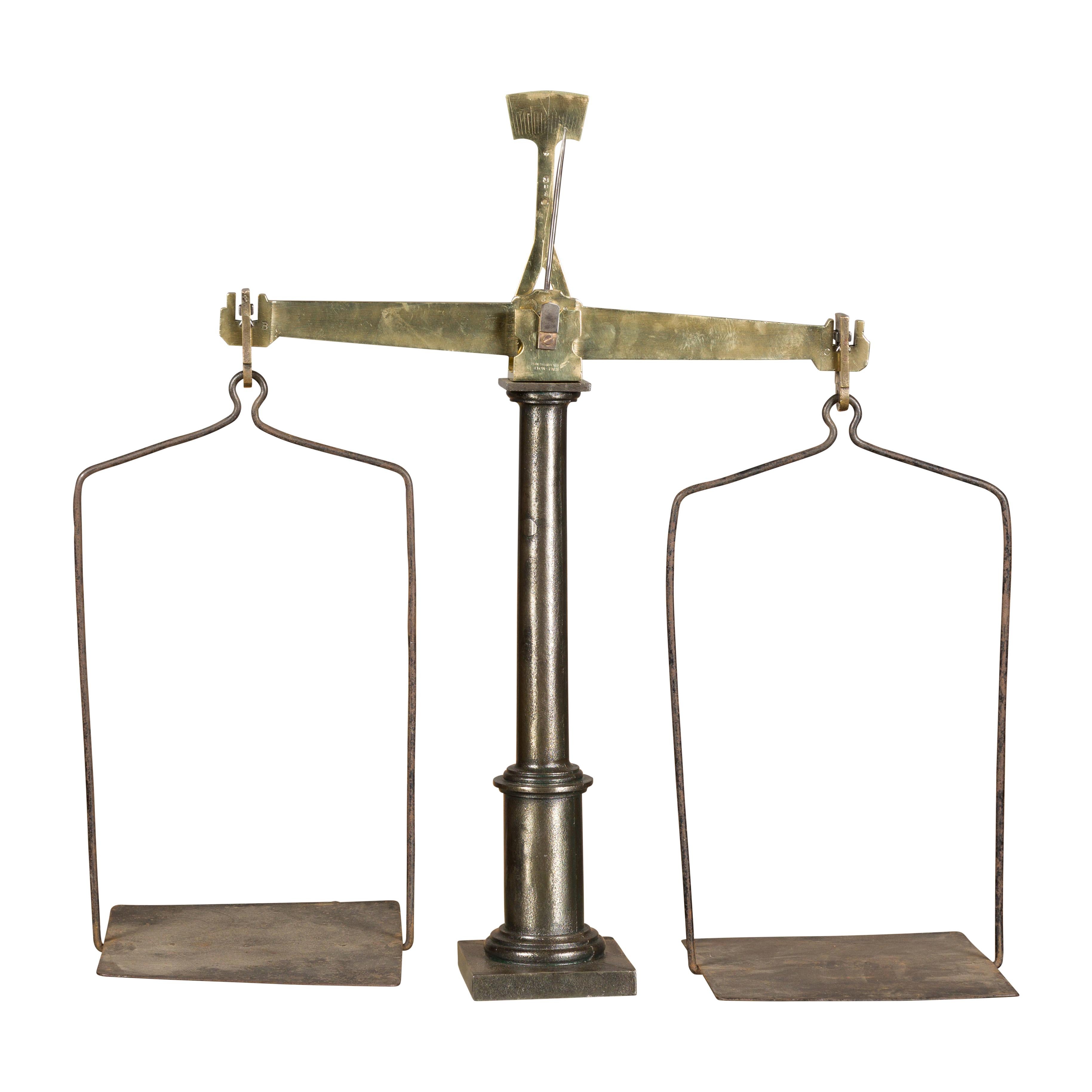 Large French 19th Century Brass and Steel Scale with Weighing Pans and Column For Sale 17