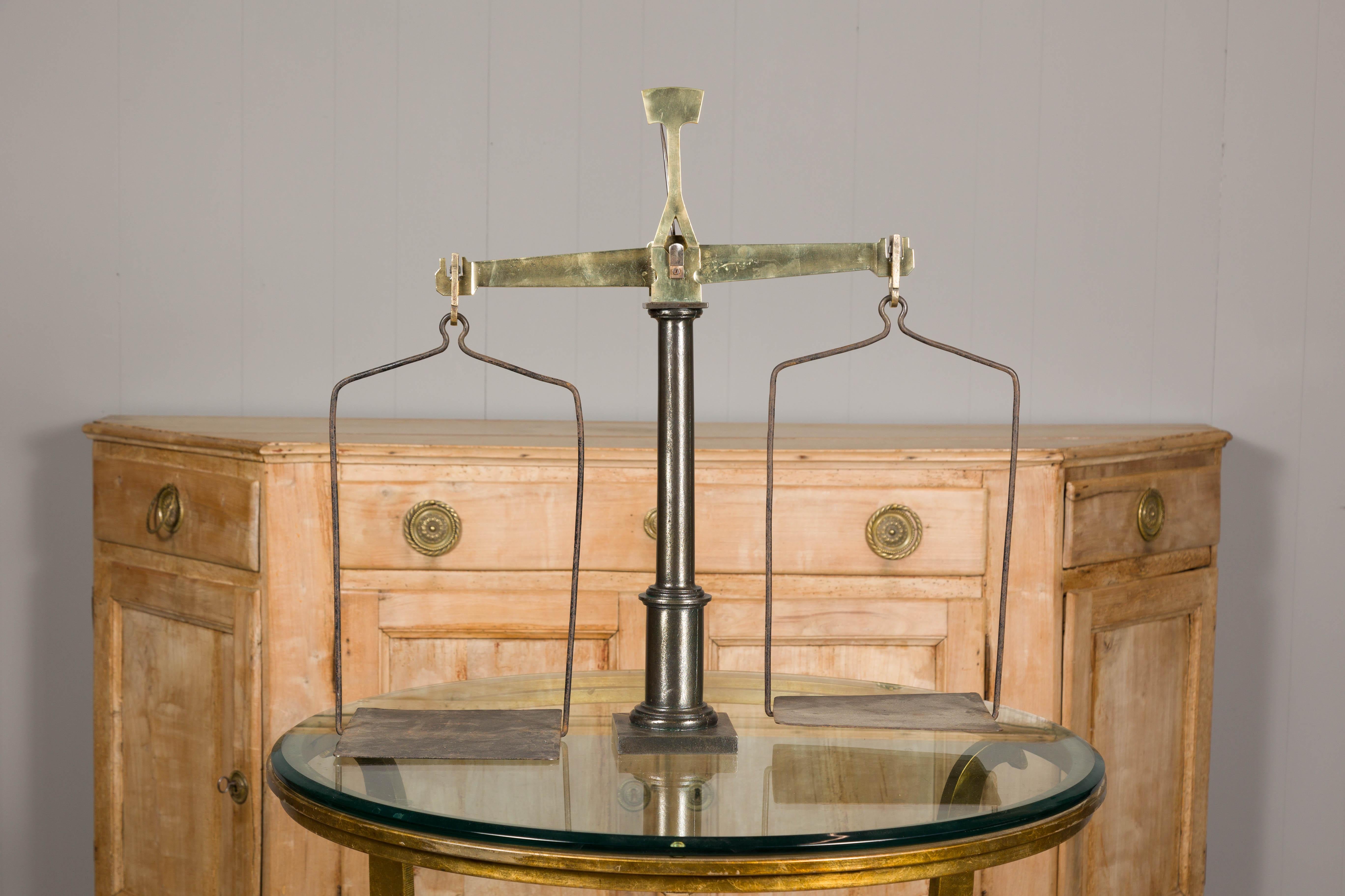 Large French 19th Century Brass and Steel Scale with Weighing Pans and Column For Sale 4