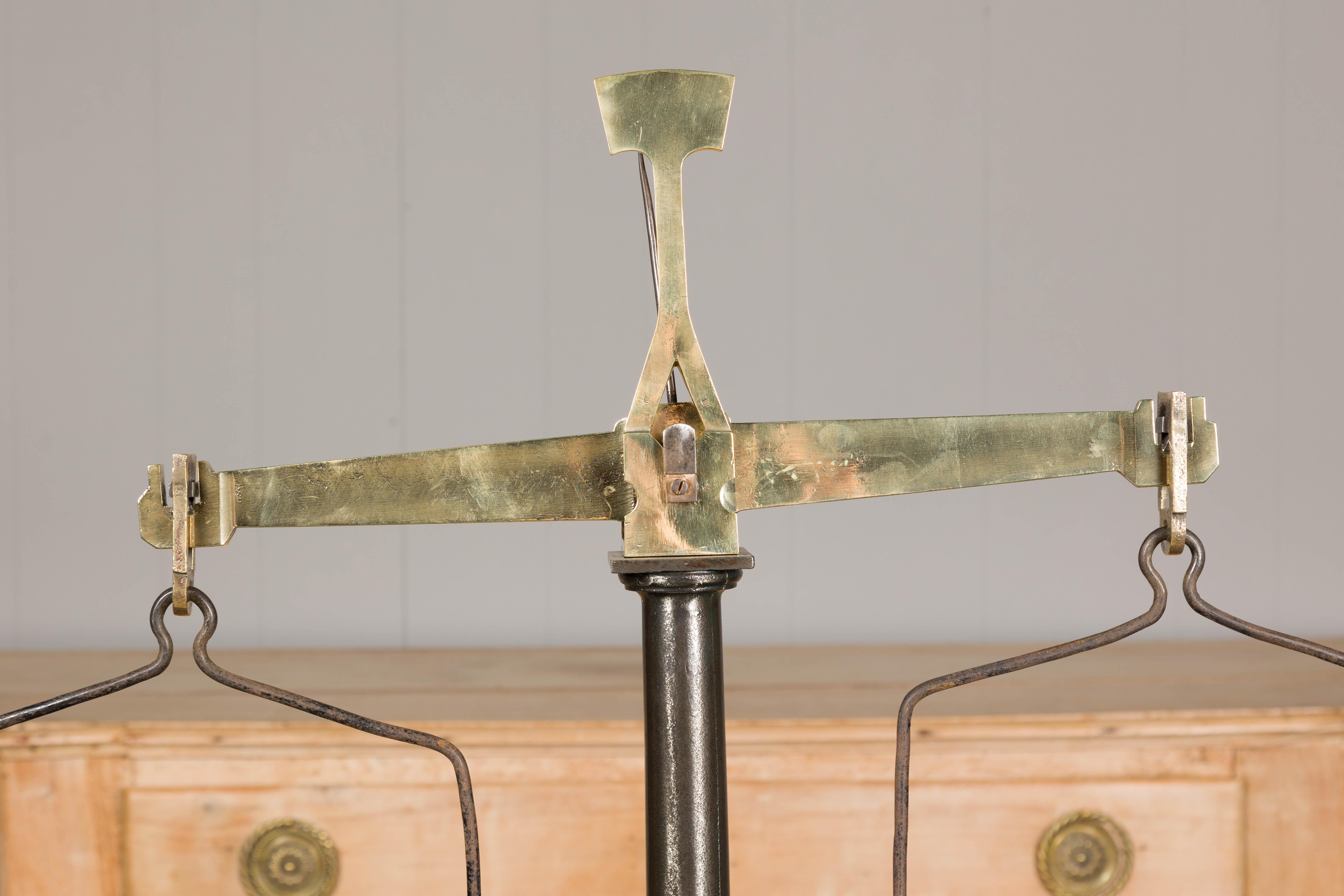 Large French 19th Century Brass and Steel Scale with Weighing Pans and Column For Sale 5