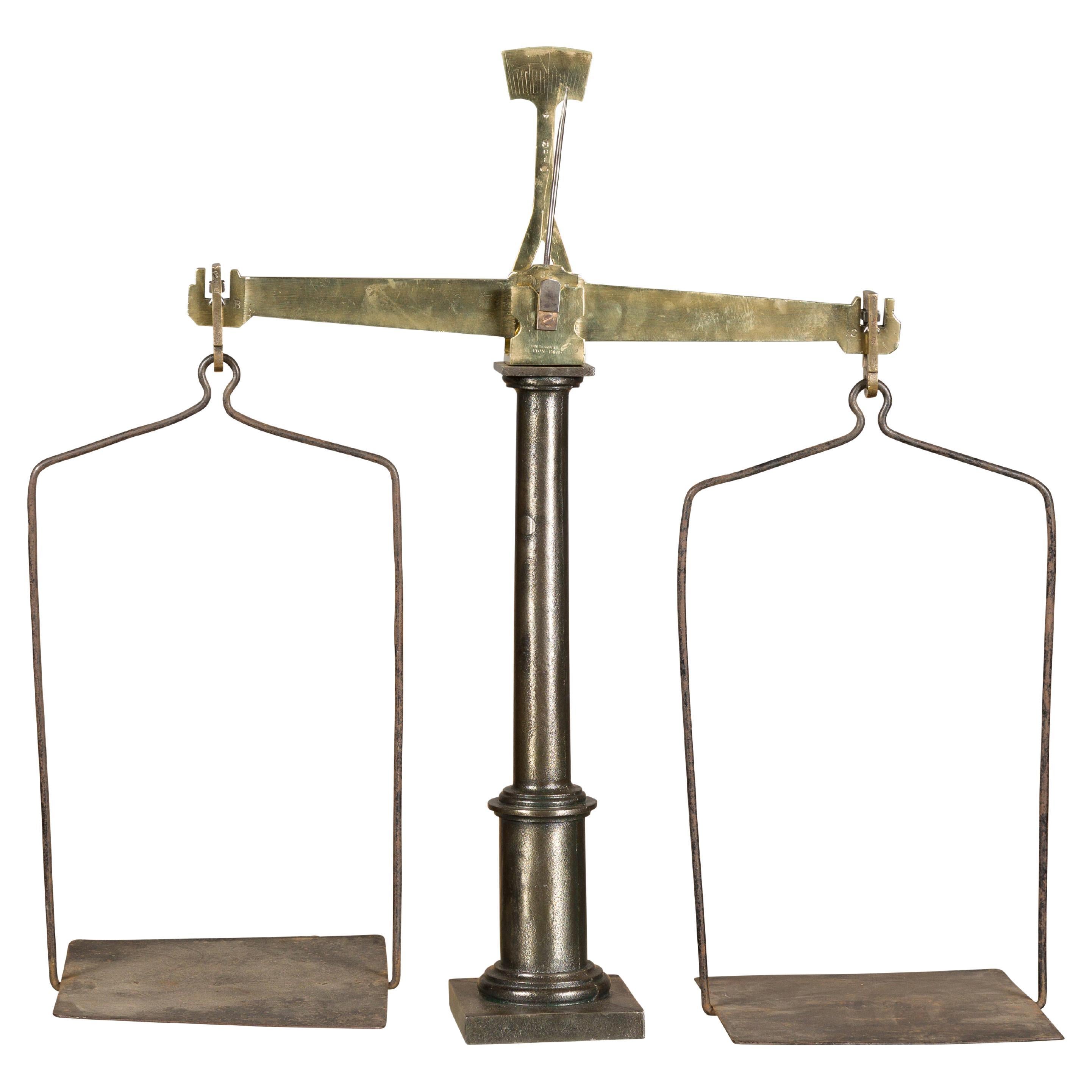 Large French 19th Century Brass and Steel Scale with Weighing Pans and Column For Sale
