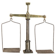 Large French 19th Century Brass and Steel Scale with Weighing Pans and Column