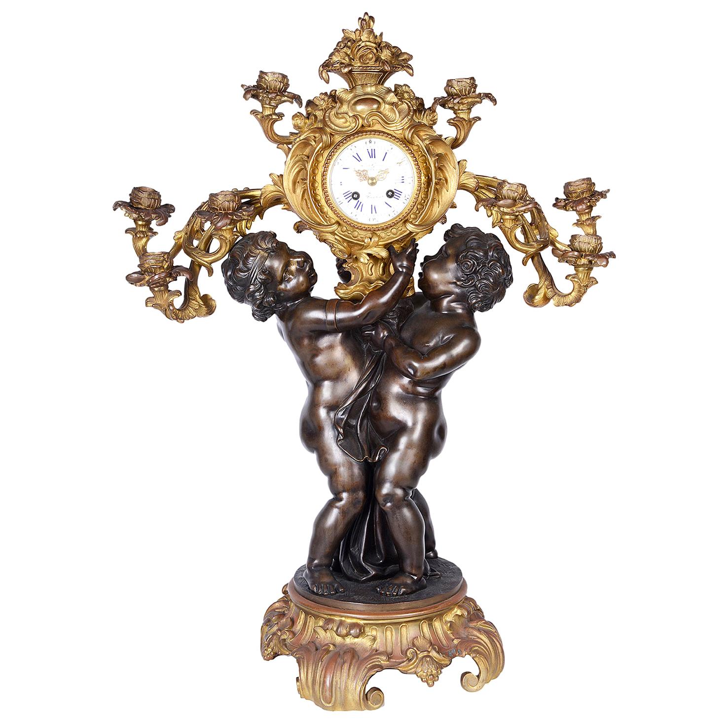 Große große französische Cherub-Uhr aus Bronze des 19. Jahrhunderts