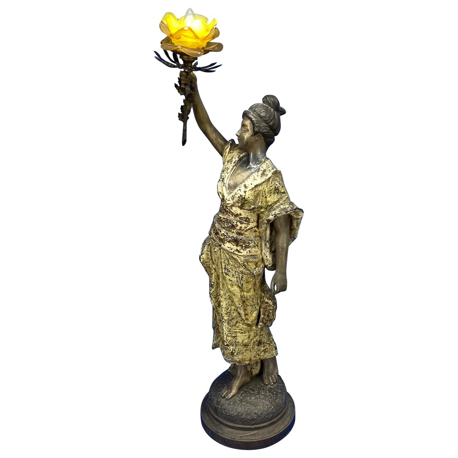 Art Nouveau Large French 19th Century Bronze Sculpture Of Lady with Rose Lamp, Pedro Riqual