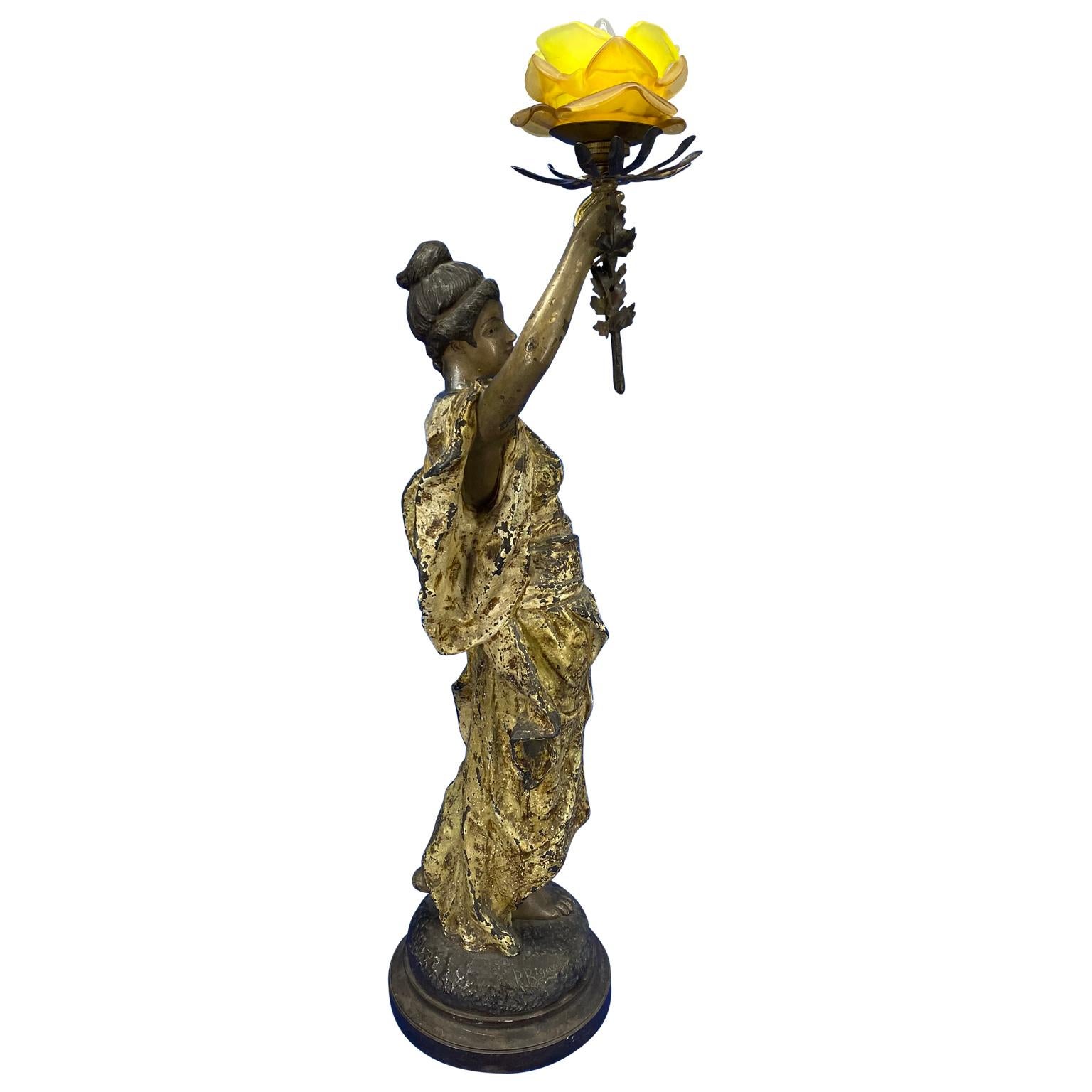 Cast Large French 19th Century Bronze Sculpture Of Lady with Rose Lamp, Pedro Riqual