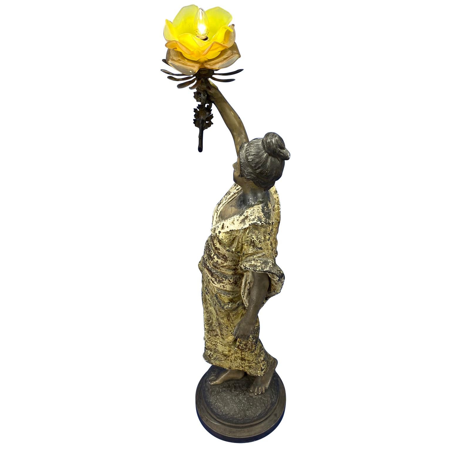 Large French 19th Century Bronze Sculpture Of Lady with Rose Lamp, Pedro Riqual In Good Condition In Haddonfield, NJ