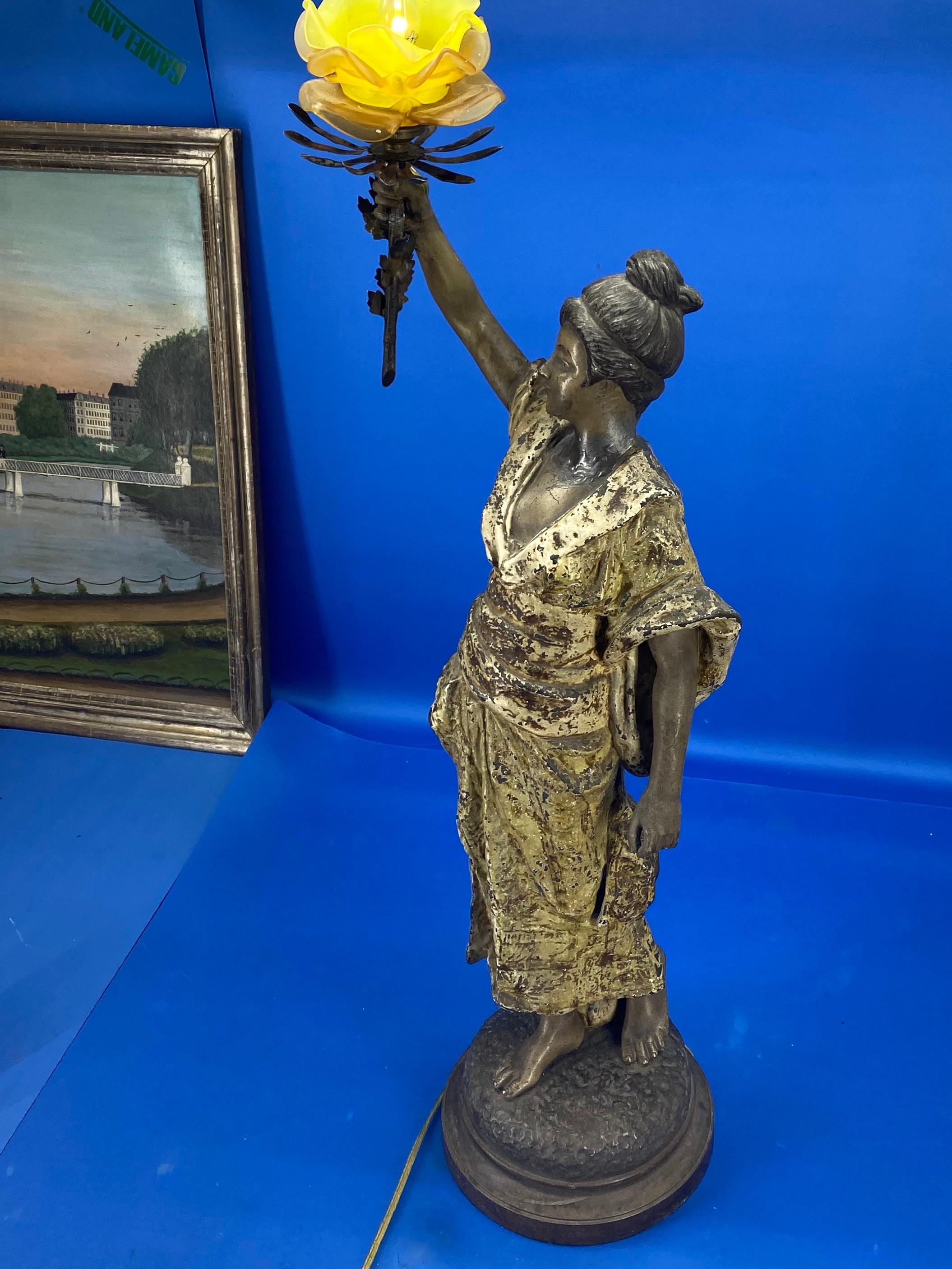 Large French 19th Century Bronze Sculpture Of Lady with Rose Lamp, Pedro Riqual 2