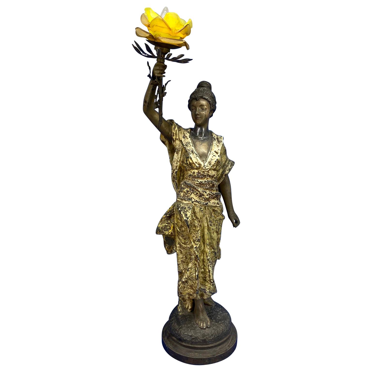 Large French 19th Century Bronze Sculpture Of Lady with Rose Lamp, Pedro Riqual