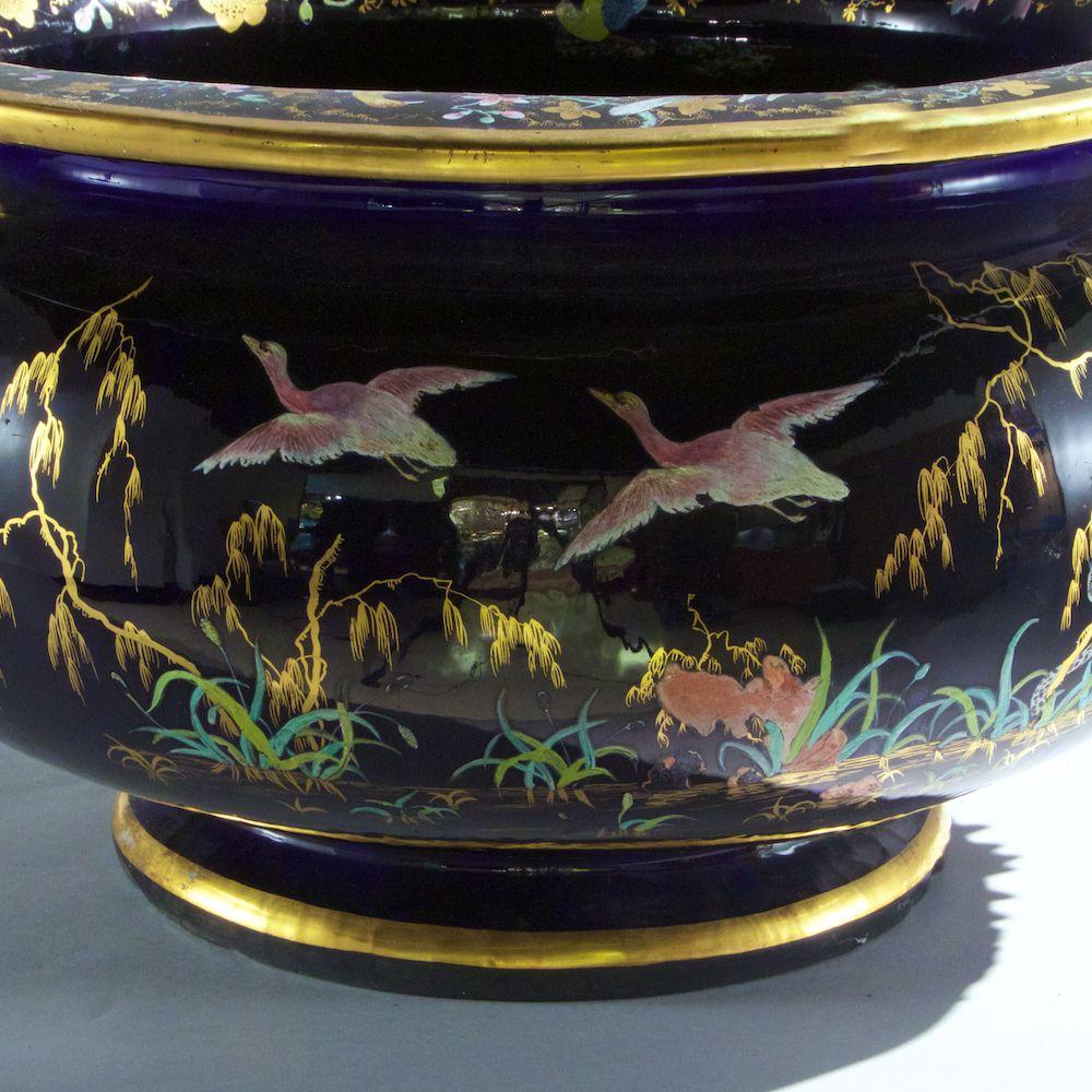 Aesthetic Movement Large French 19th Century Ceramic Jardiniere with Enameled Birds and Butterflies For Sale