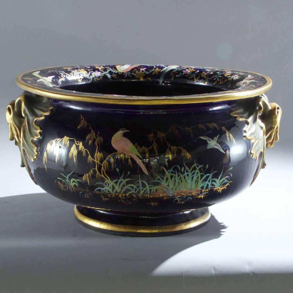 Large French 19th Century Ceramic Jardiniere with Enameled Birds and Butterflies In Good Condition For Sale In New York, NY