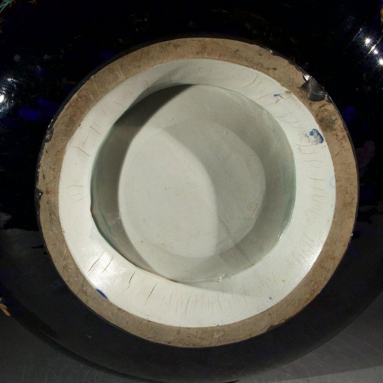 Large French 19th Century Ceramic Jardiniere with Enameled Birds and