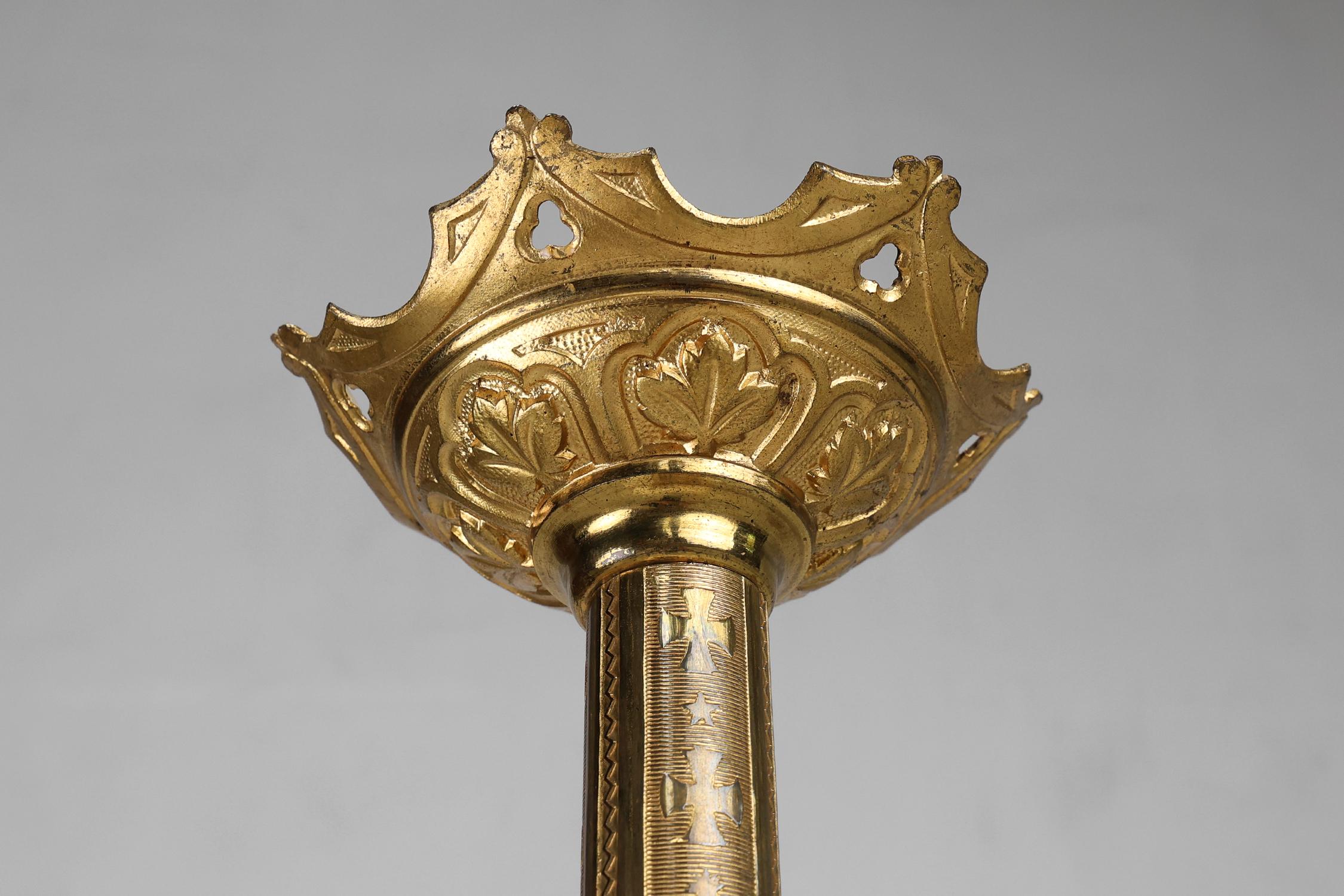 Large French 19th century copper Neo Gothic candlestick 2