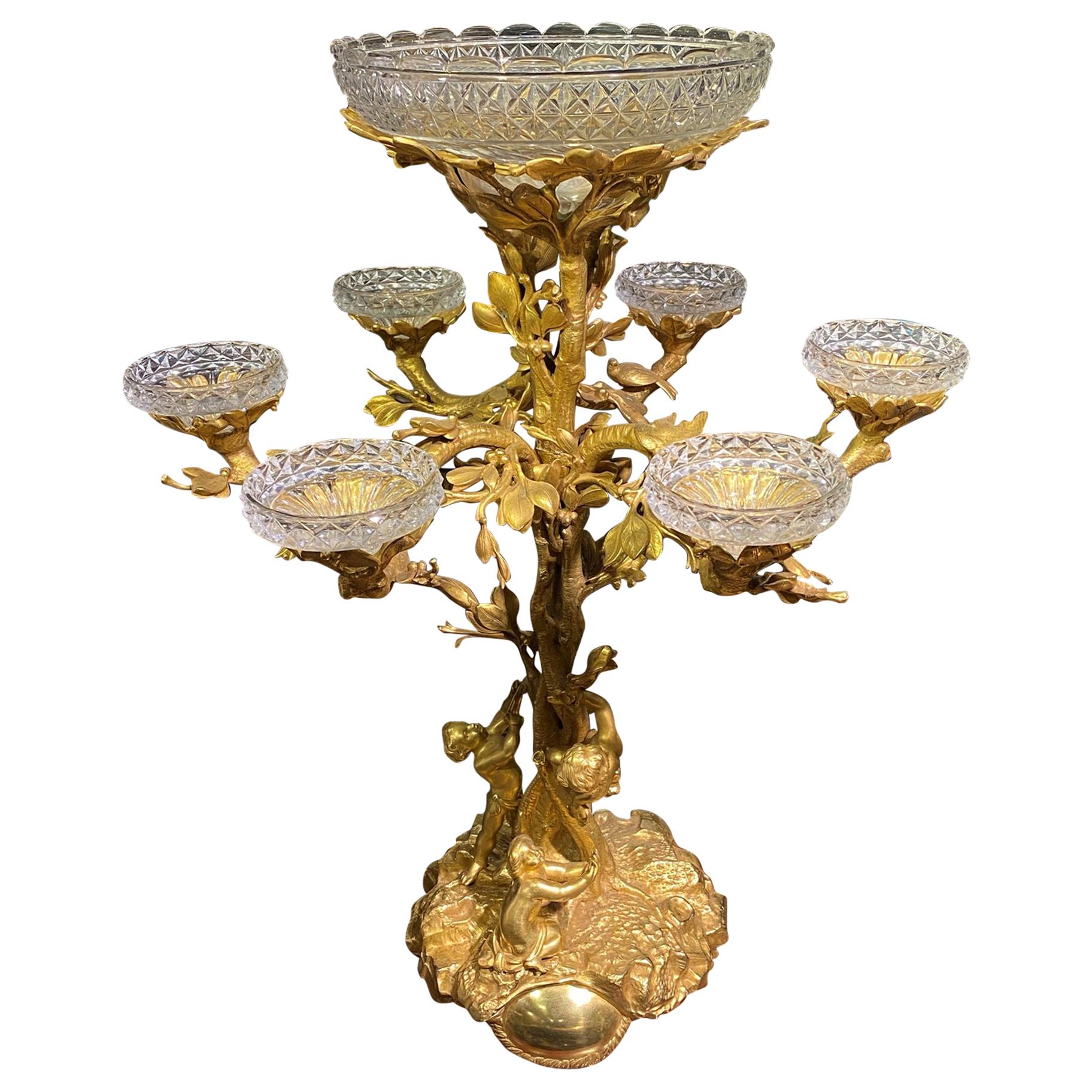 Large French 19th Century Gilt Bronze and Cut Glass Epergne