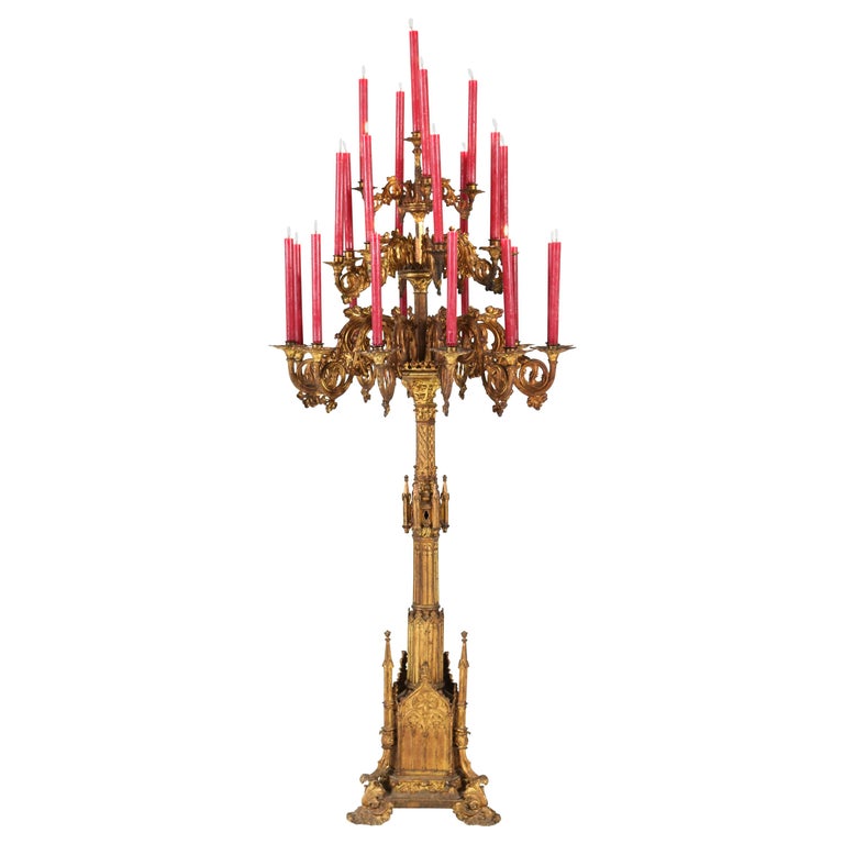 Large French 19th Century Gothic Revival Gilt Bronze Altar Candelabra