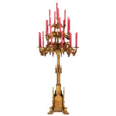 Large French 19th Century Gothic Revival Gilt Bronze Altar Candelabra