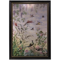Large French 19th Century Large Tiles Panel with Birds, Pheasant and Flowers