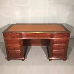 Large French 19th Century Mahogany and Brass Inlaid Pedestal Desk with Slides
