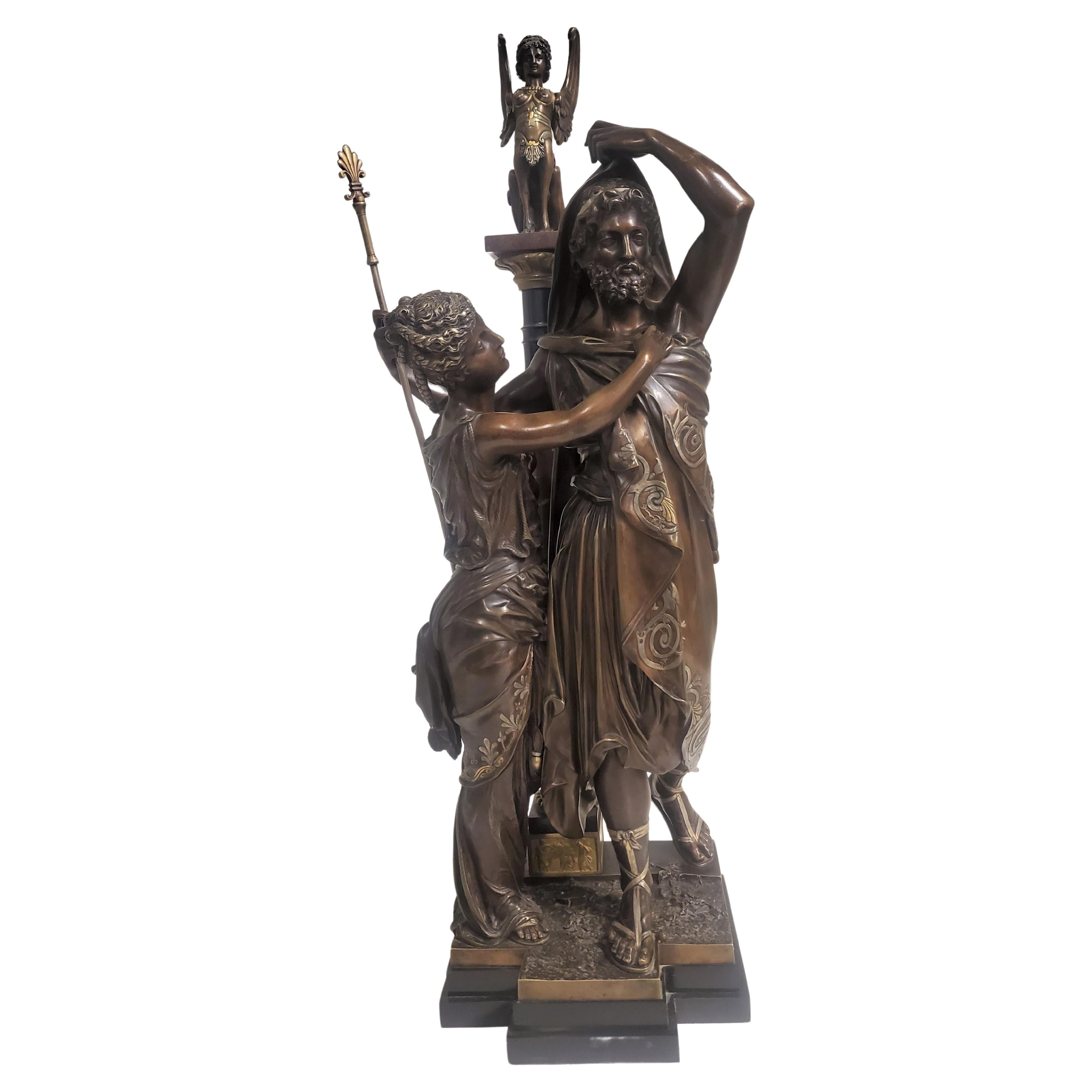 Grande sculpture française du 19ème siècle en argent et bronze doré représentant un homme et une femme