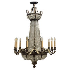 Large French 19th Sac a pearl Bronze and Beaded Crystal Basket Chandelier