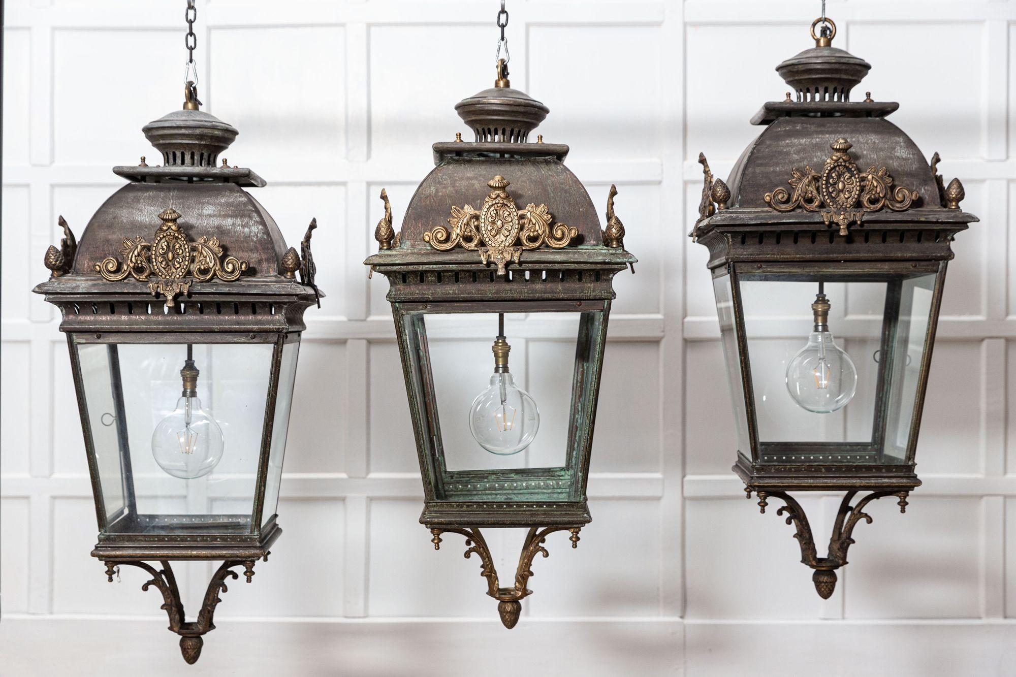 Brass Large French 19thC Style Bronze & Iron Lanterns For Sale