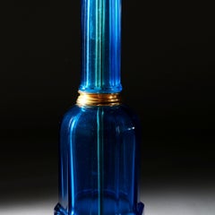 Large French 20th Century Imperial Blue Glass Column Lamp with Brass Mounts
