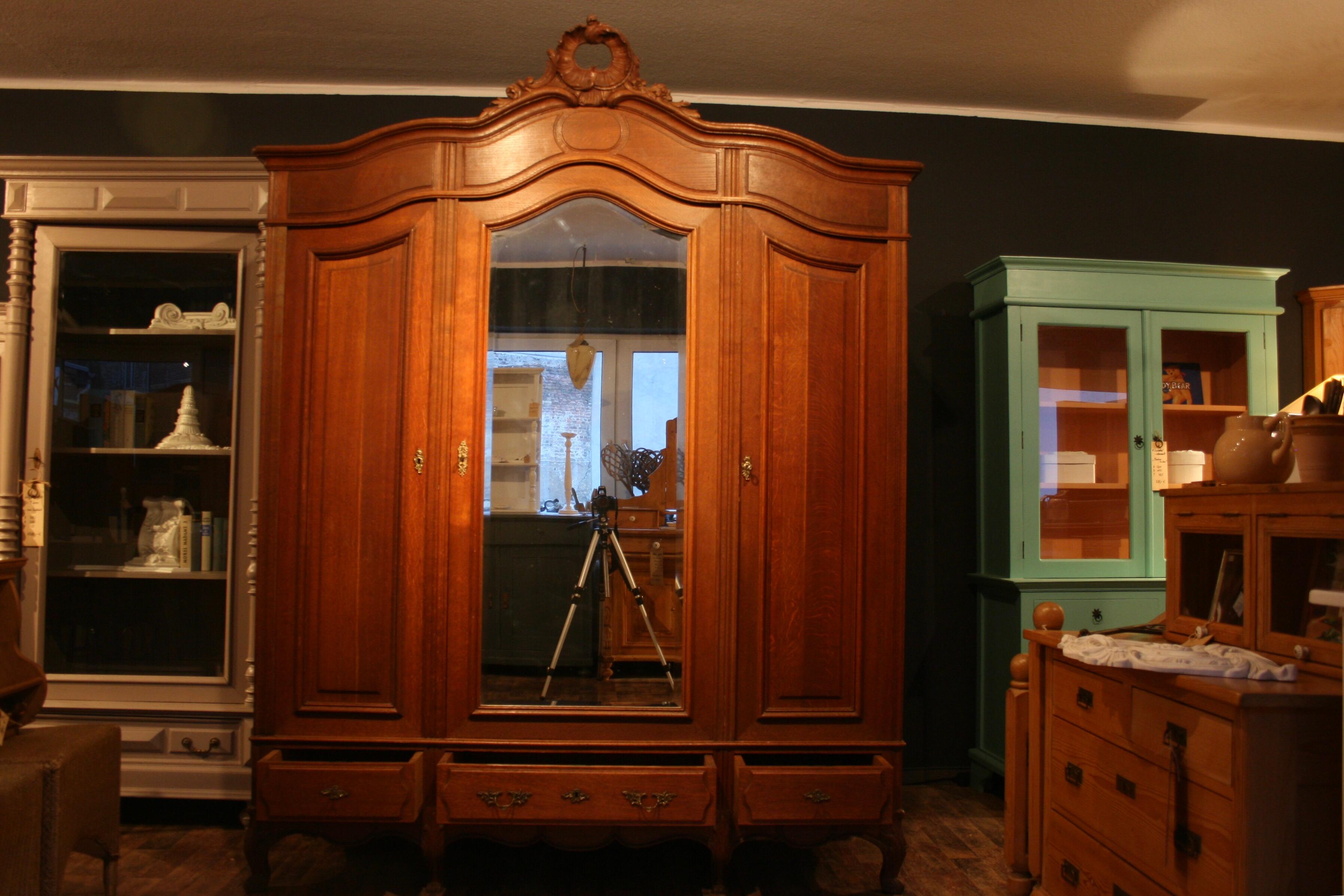 20th Century Large French 3-Door Wardrobe in Baroque Style, Solid Oak, circa 1930