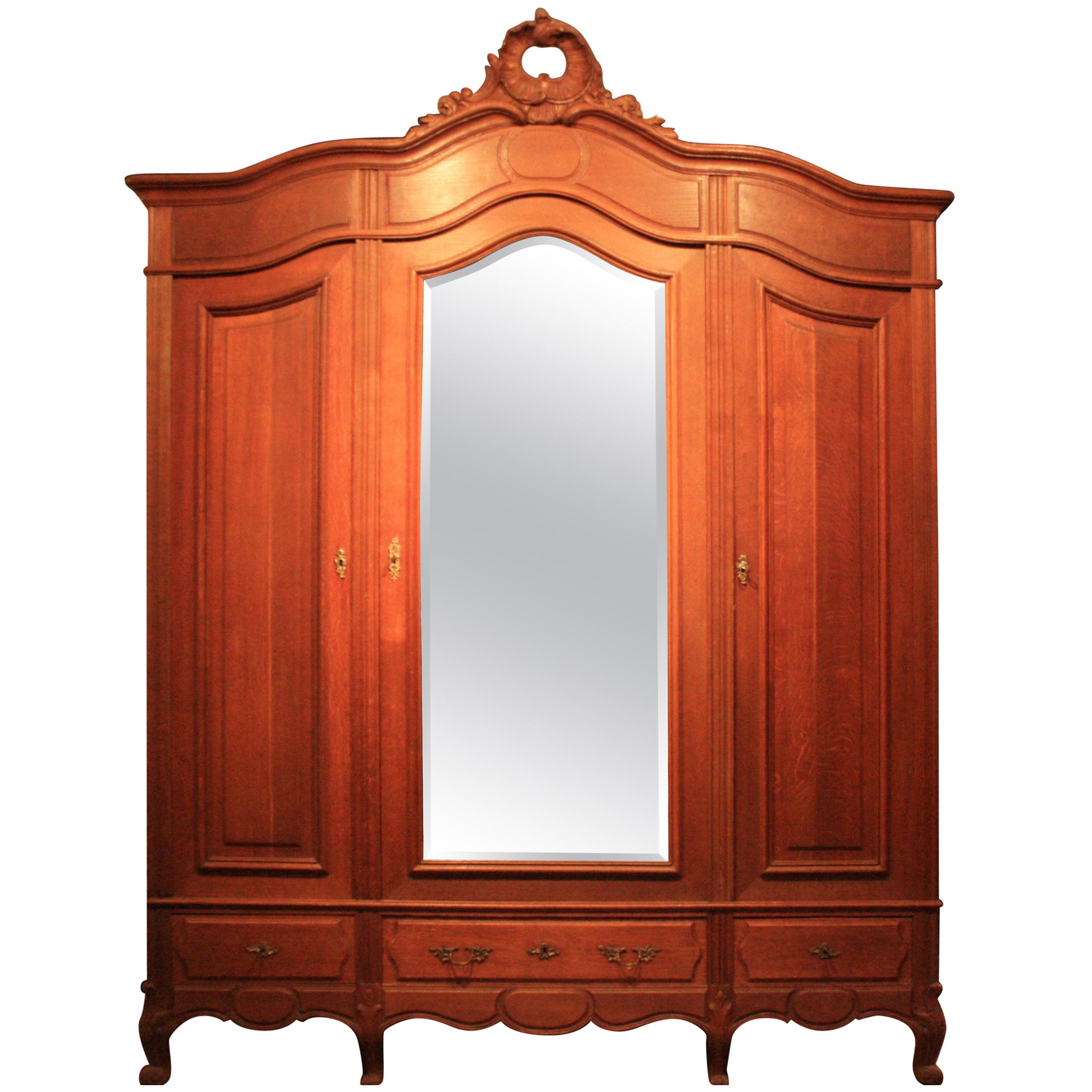 Large French 3-Door Wardrobe in Baroque Style, Solid Oak, circa 1930