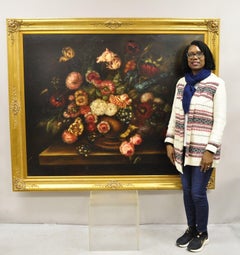Large French 58 x 70 Gold Frame Still Life Oil Painting with Bouquet of Flowers