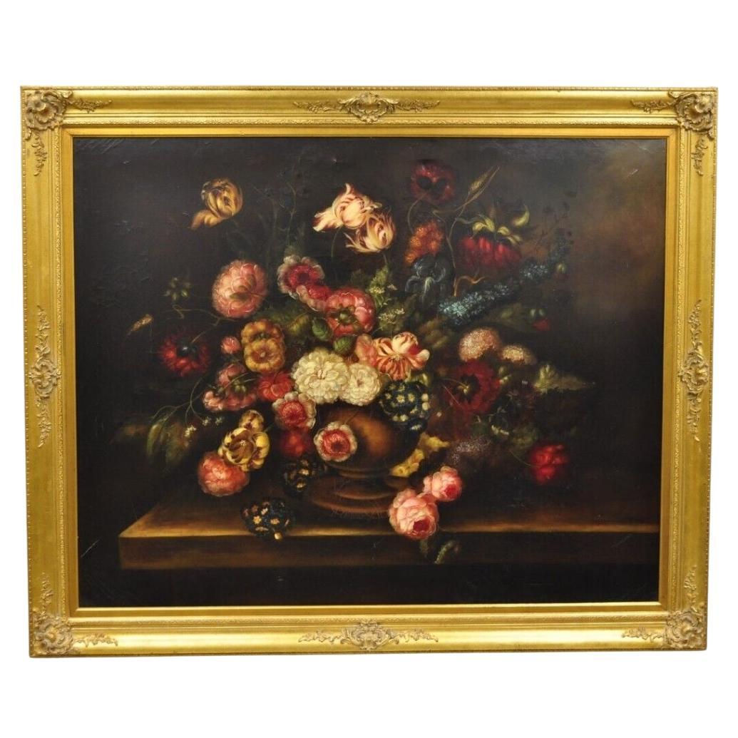 Large French 58 x 70 Gold Frame Still Life Oil Painting with Bouquet of Flowers For Sale