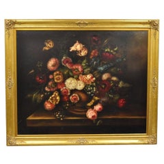 Vintage Large French 58 x 70 Gold Frame Still Life Oil Painting with Bouquet of Flowers