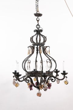 Large French 6 Light Iron Chandelier with Fruit Shaped Crystals, 20th Century