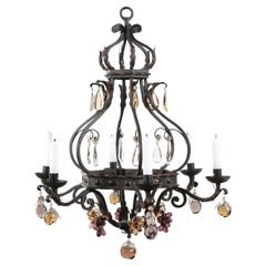 Large French 6 Light Iron Chandelier with Fruit Shaped Crystals, 20th Century