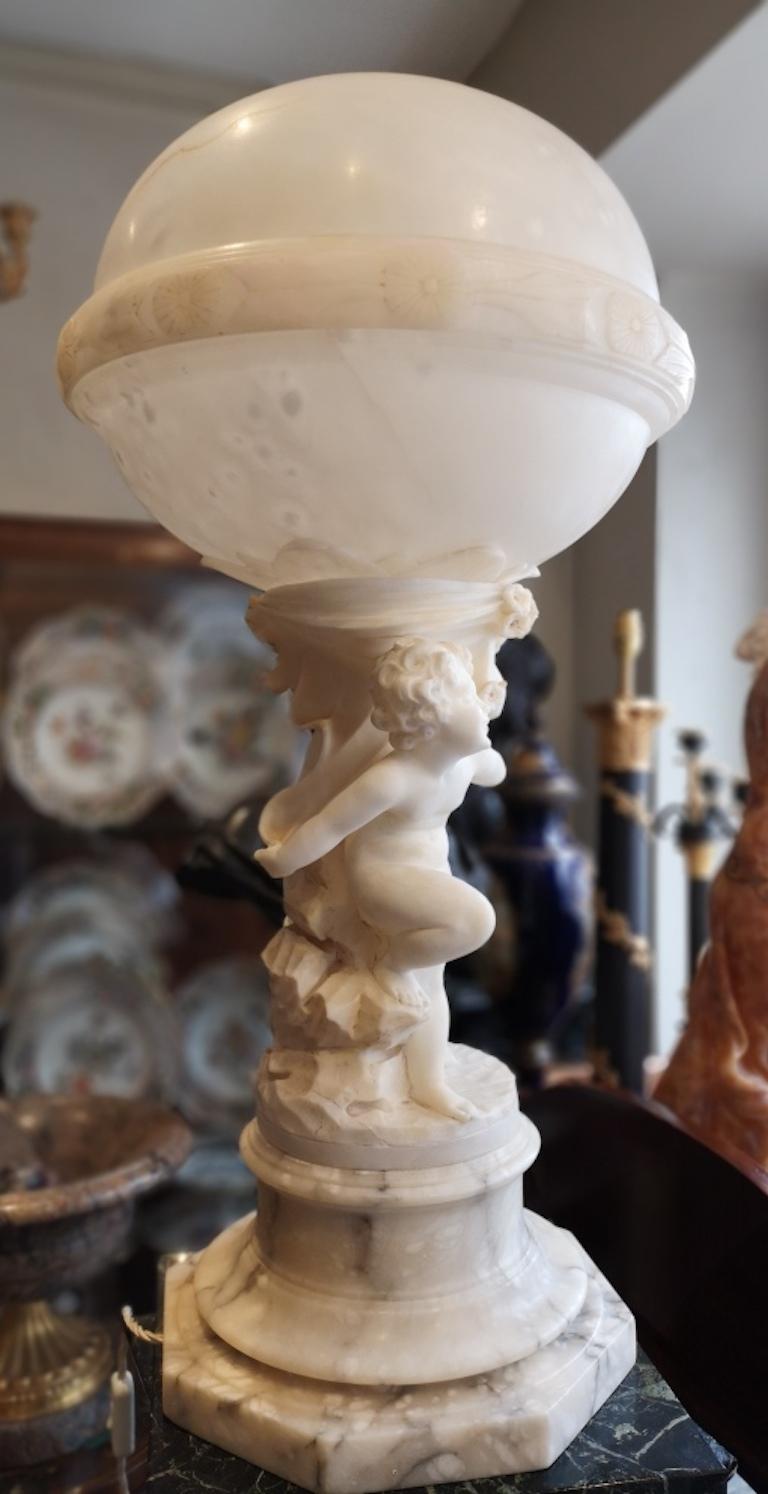Early 20th Century Large French Alabaster Sphere Lamp with Putti, 1910