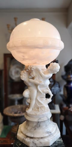 Large French Alabaster Sphere Lamp with Putti, 1910
