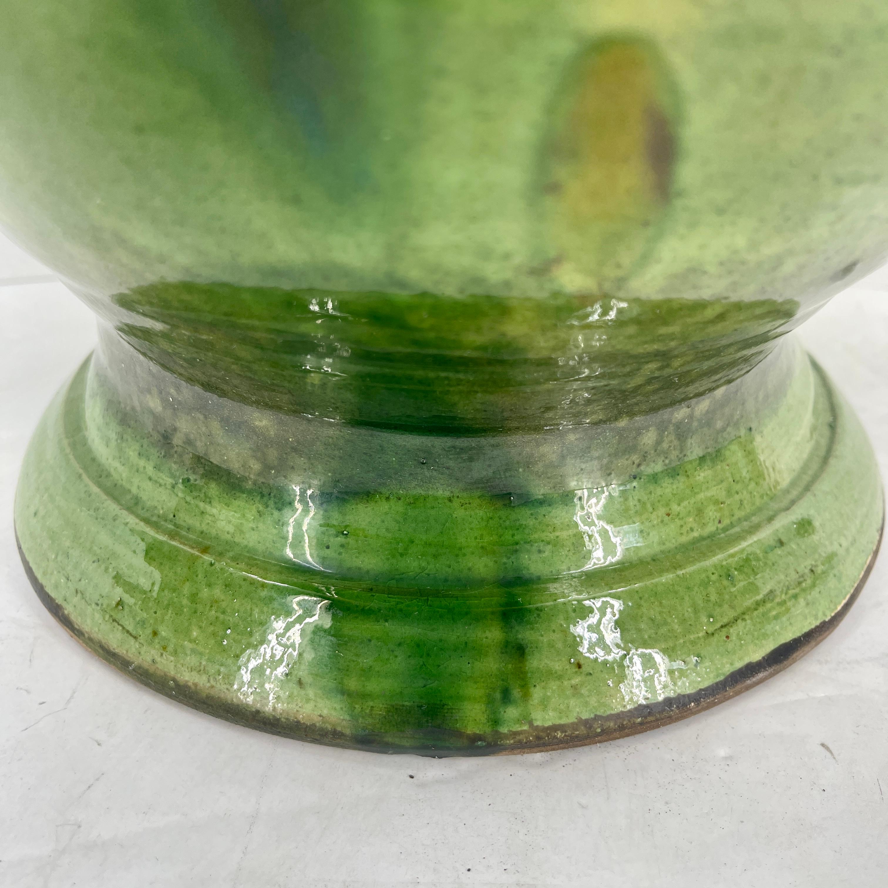 French Provincial Large French Anduze Green Glazed Terracotta Garden Urn For Sale