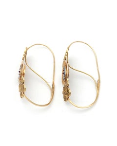Large French antique Bresse poissardes earrings in 18k gold and enamels