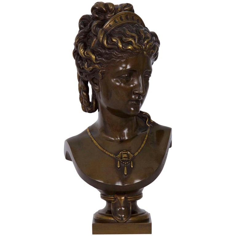 Large French Antique Bronze Bust of Female by Eugene Aizelin and F