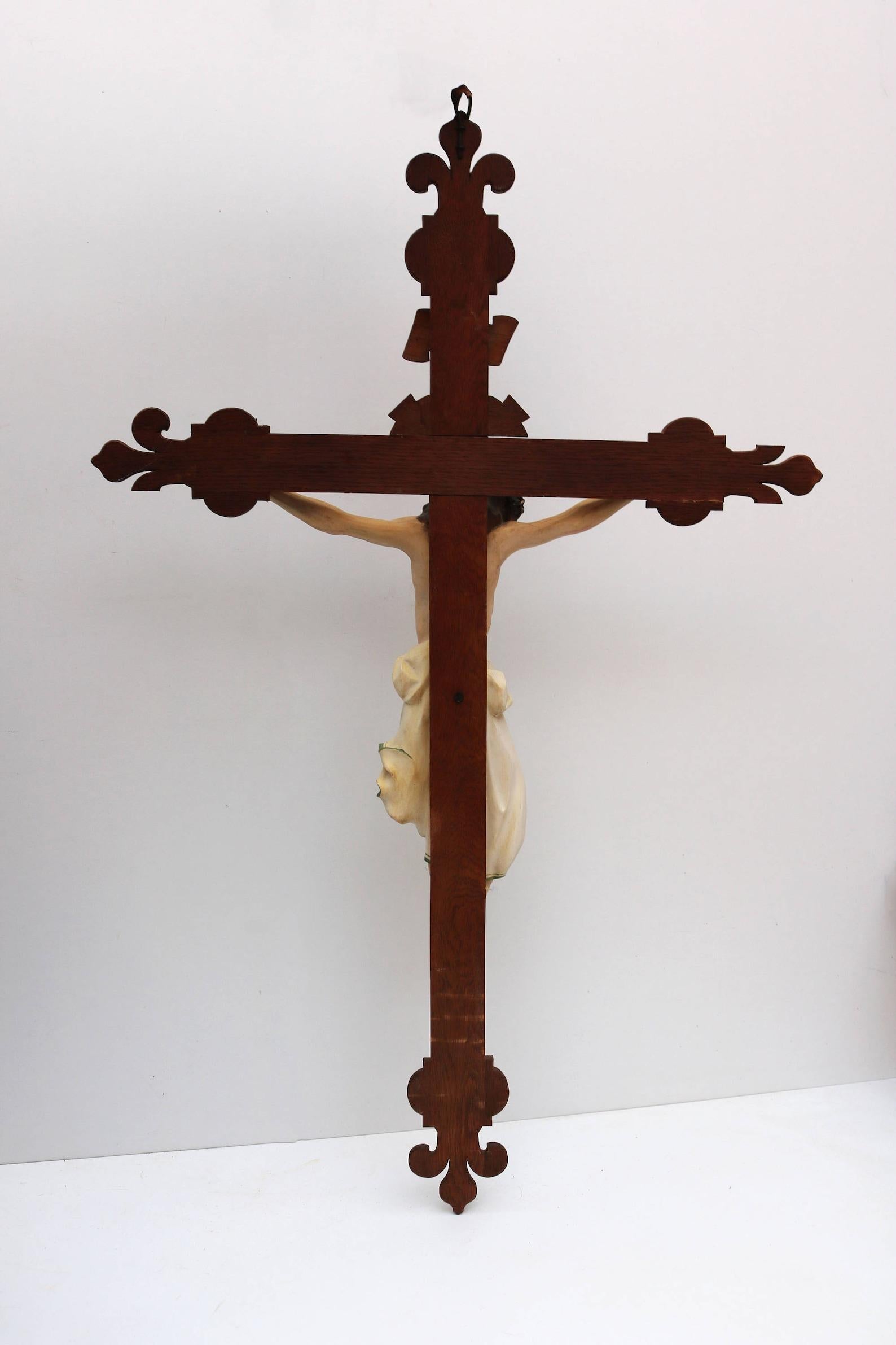 Plaster Large French Antique Christ Crucifix 19th Century Fleur De Lis Corpus Painted For Sale