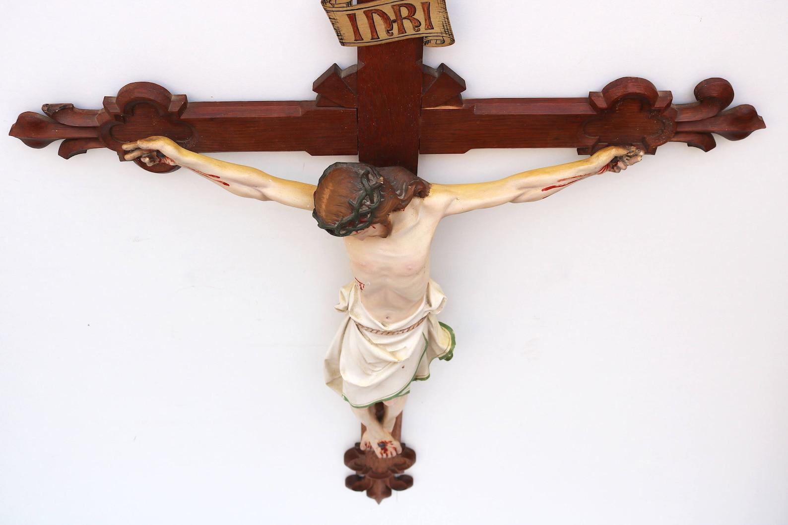 Hand-Carved Large French Antique Christ Crucifix 19th Century Fleur De Lis Corpus Painted For Sale